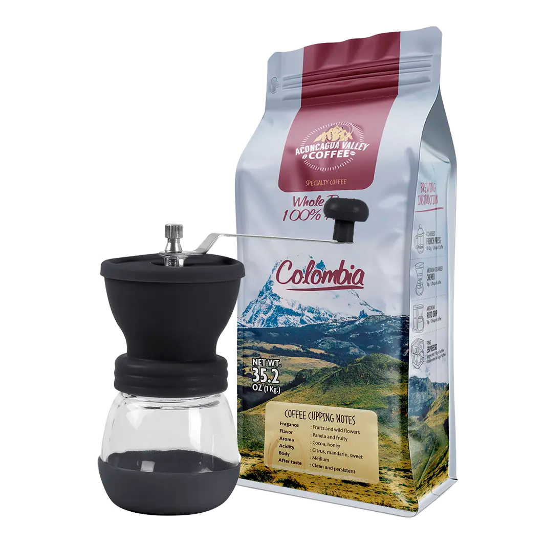 Pack 1 Kg Colombia Aconcagua Valley Coffee + Molinillo